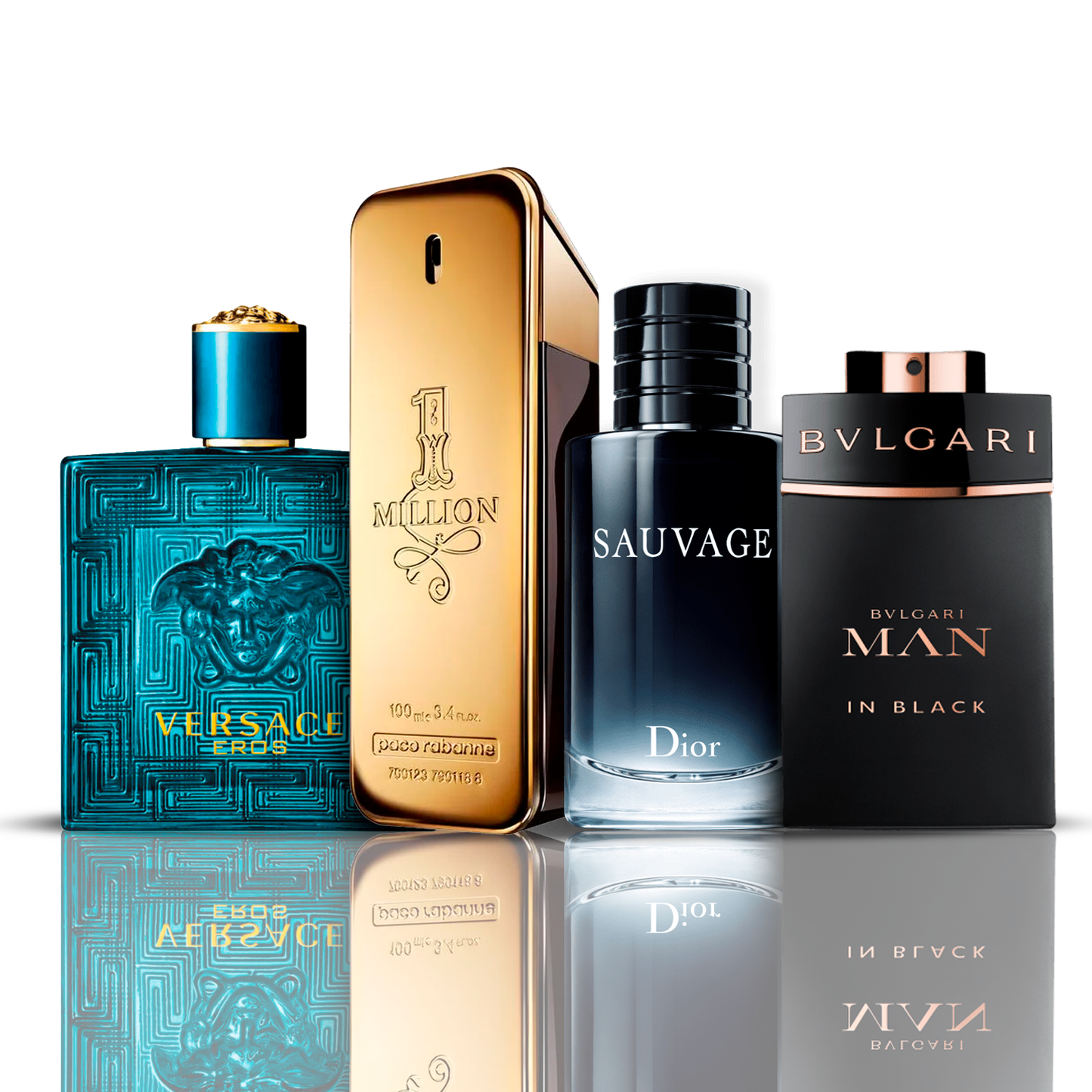 Set de 4 perfumes – Eros Versace + One Million Paco Rabanne + Bvlgari Man in Black + Sauvage Dior 100 ml