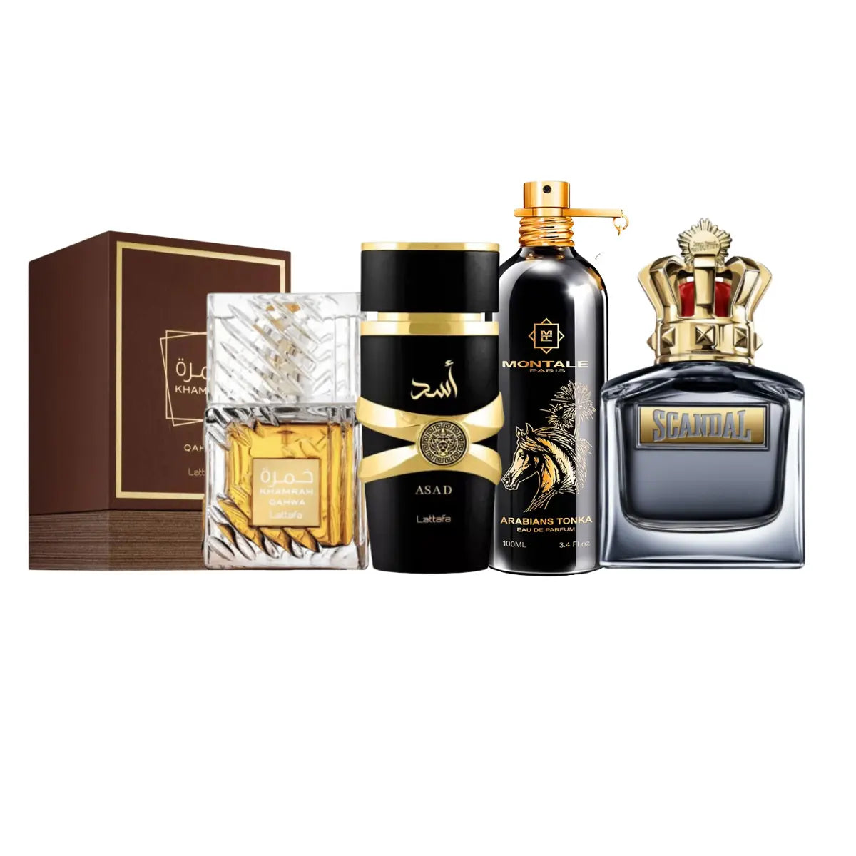 Set de 4 perfumes | Khamrah, Scandal Men, Asad, Arabians Tonka