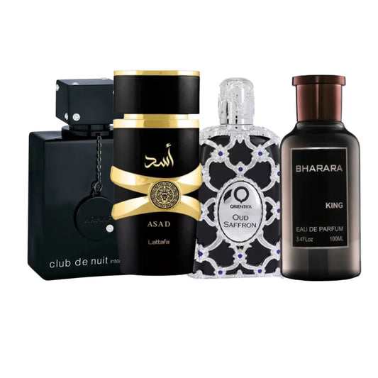 Set de 4 perfumes | Club de Nuit, King, Oud Saffron, Asad