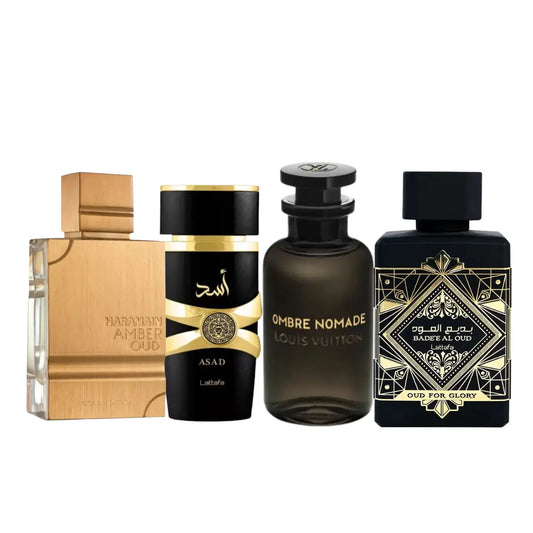 Set de 4 perfumes | Oud For Glory, Asad, Ombre Nomade, Amber Oud 100ml