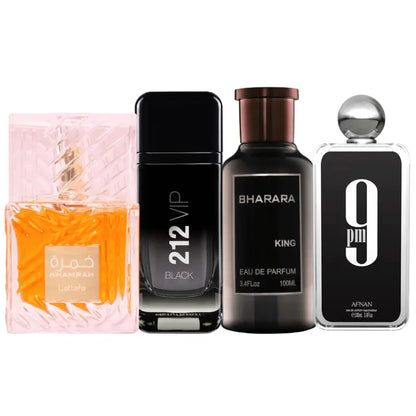 Set de 4 perfumes | 9pm, King, Khamrah, 212 Black Vip